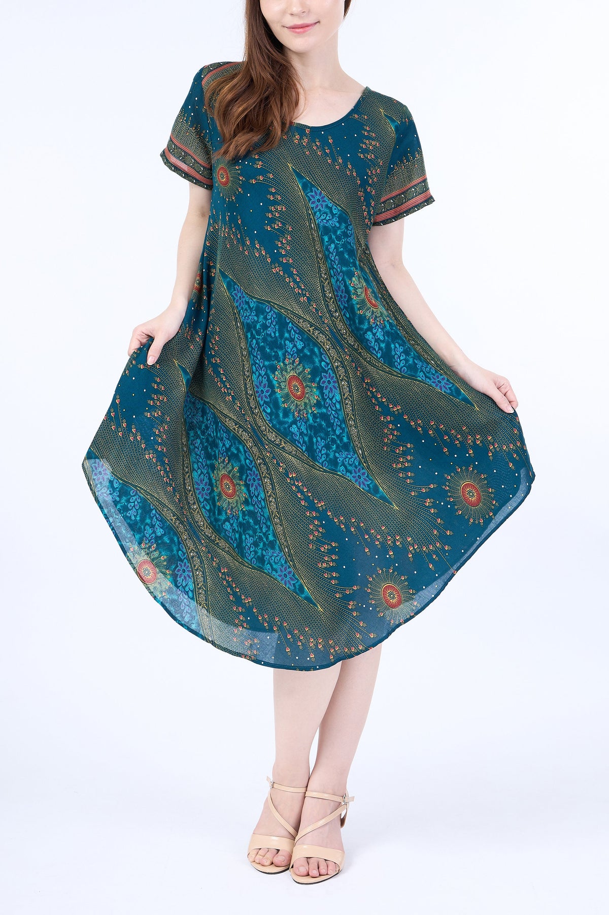 Hippie women's clothing teal knee length dress with two side pockets
