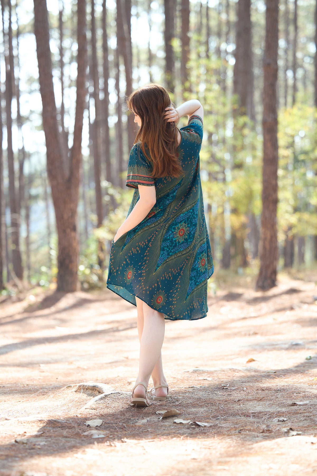 Handmade rayon dress teal flower eye print short sleeves pull-on