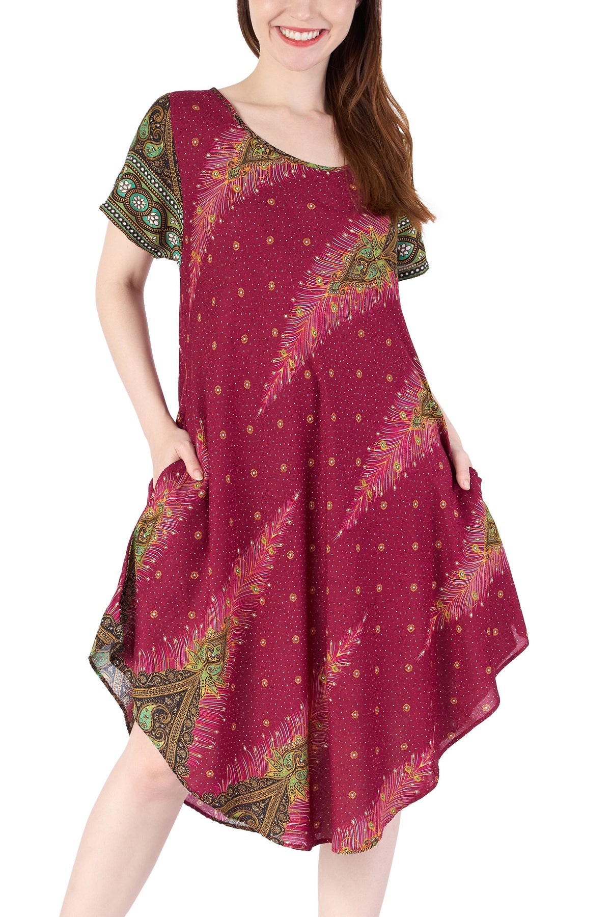Handmade rayon knee-length dress in burgundy peacock print
