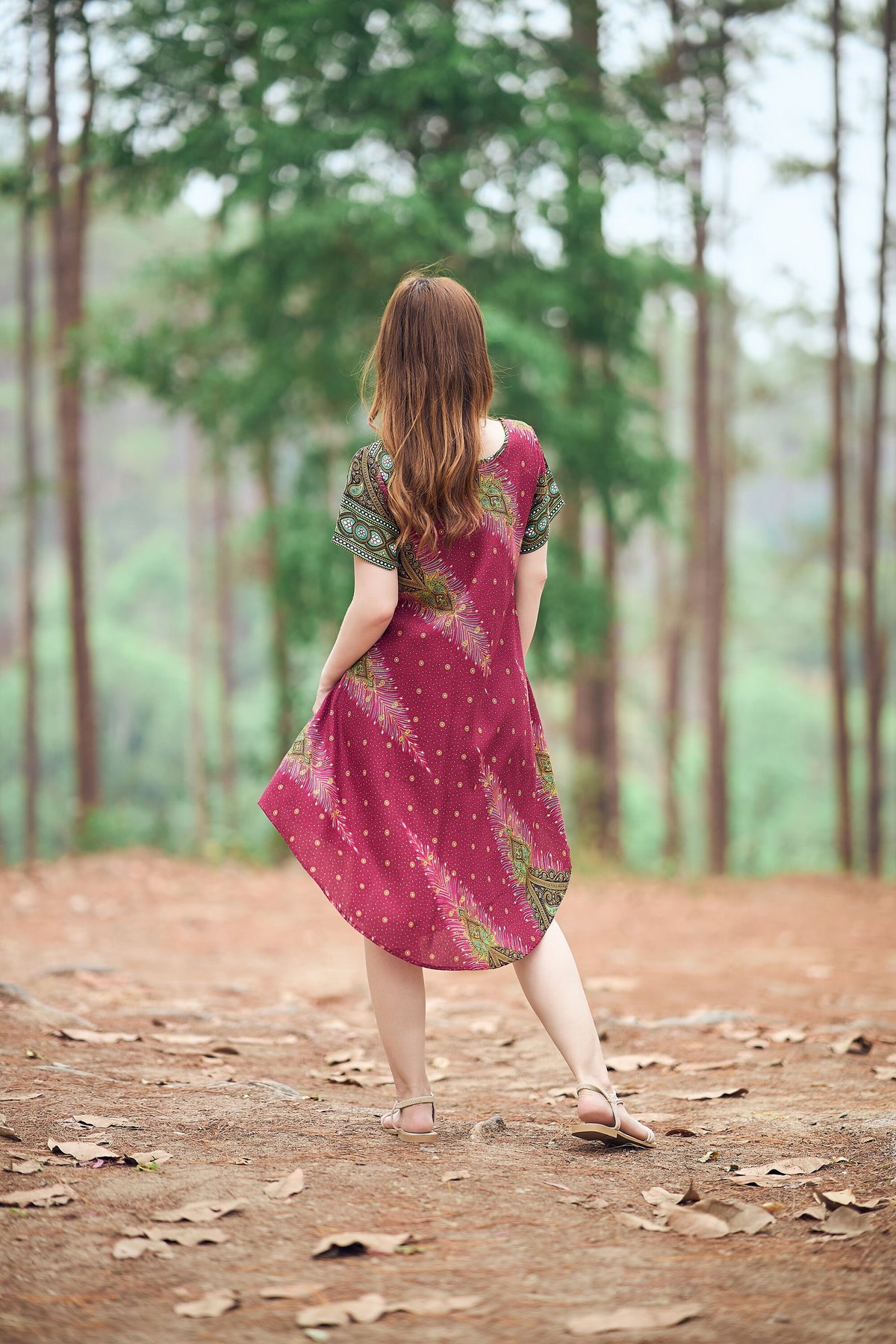 Lightweight burgundy boho dress with two side pockets