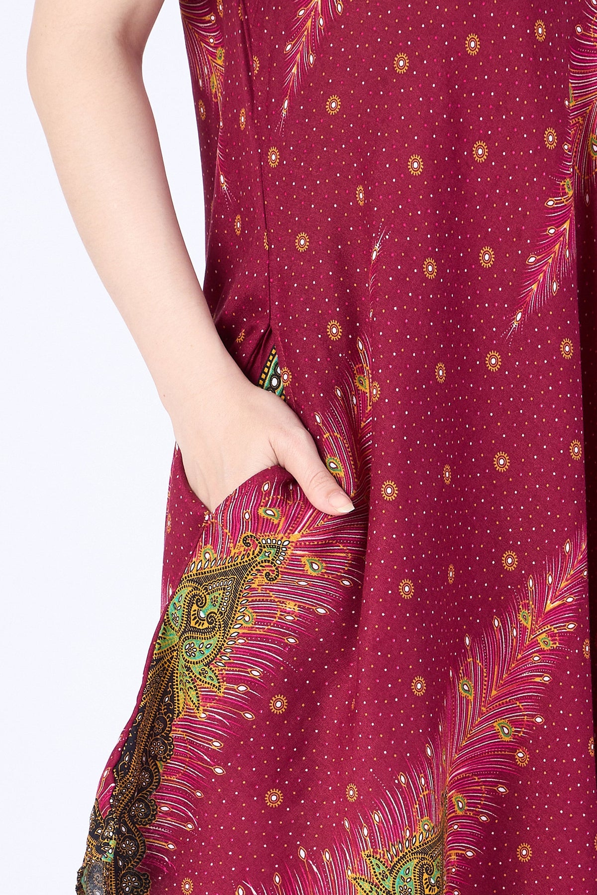 Burgundy peacock print summer dress for beach and festivals