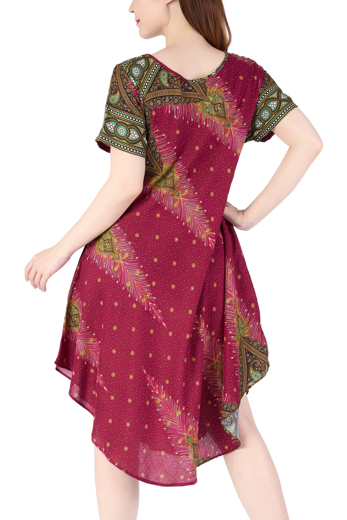 Hippie style burgundy peacock dress with pull-on closure