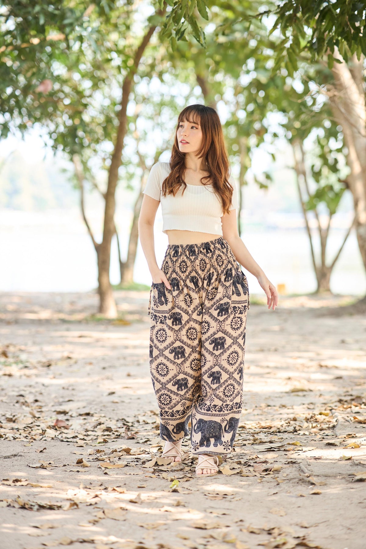 Brown black elephant harem pants for women with smocked waist and side pockets