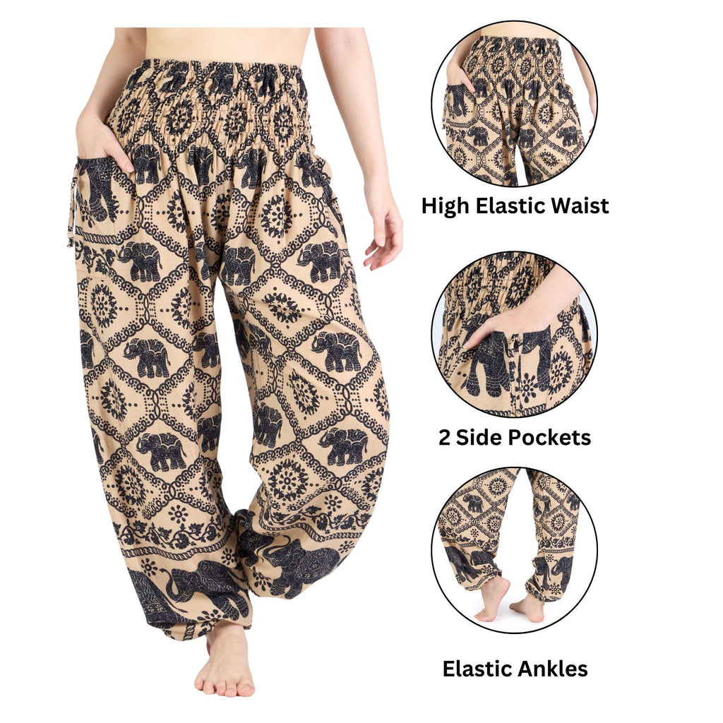 Boho hippie yoga trousers in brown black elephant print, S-XXL