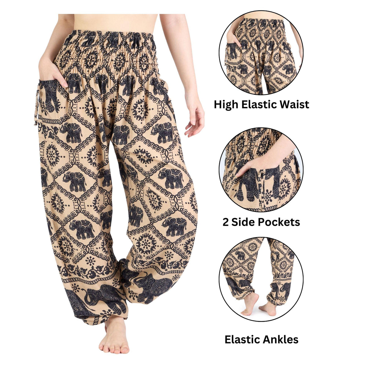 Boho hippie yoga trousers in brown black elephant print, S-XXL
