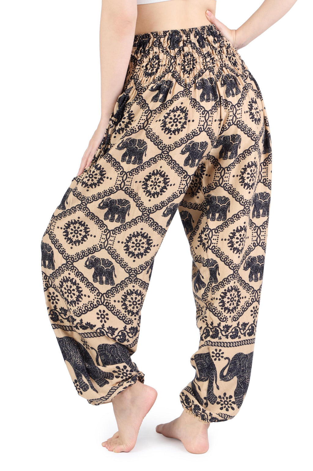 Handmade brown black elephant print harem pants with smocked waist