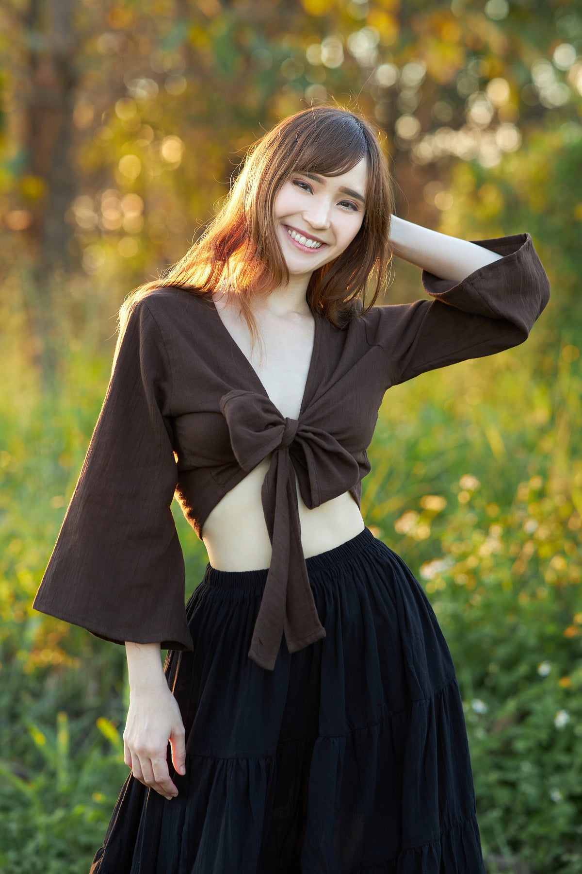 Brown cotton boho wrap top for women with convertible tie front or back