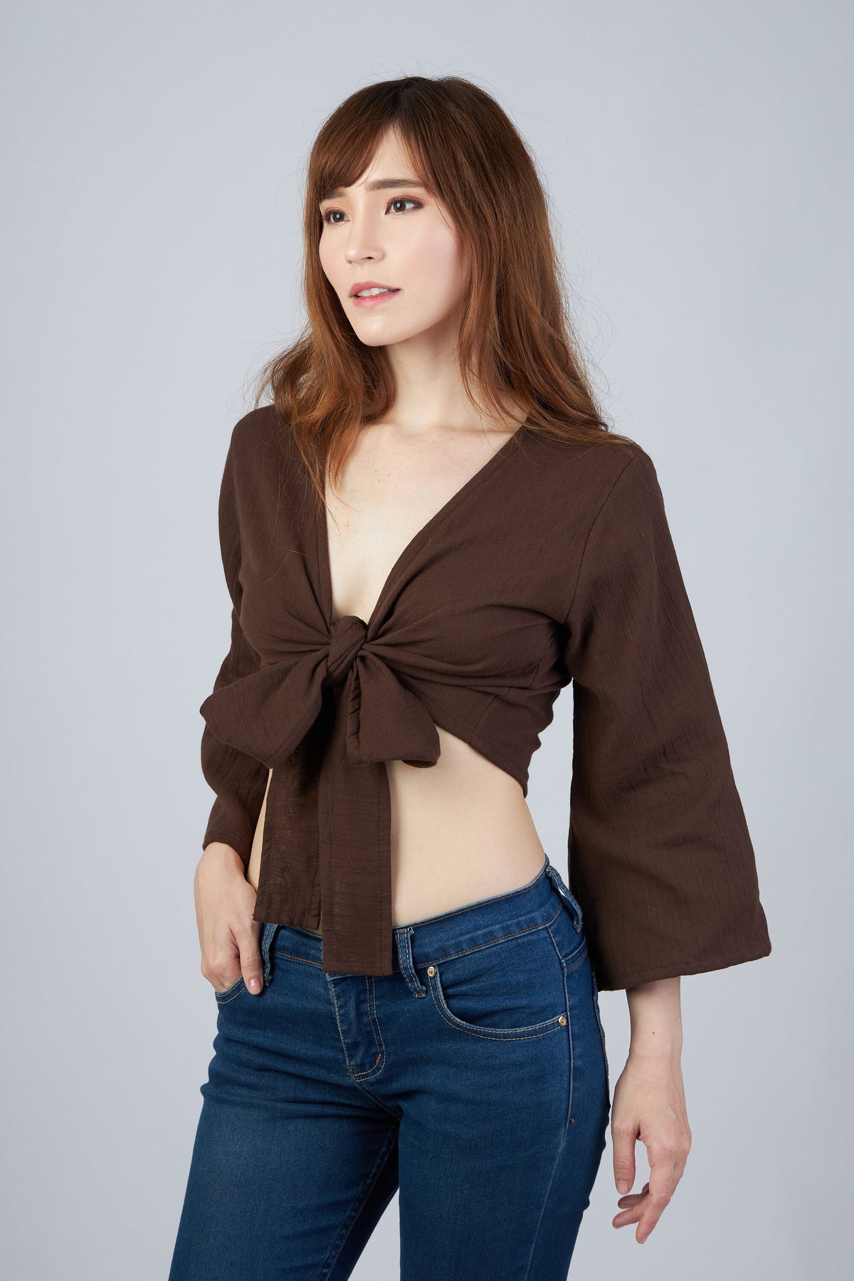 Handmade brown wrap shirt long sleeve bohemian style for fall fashion