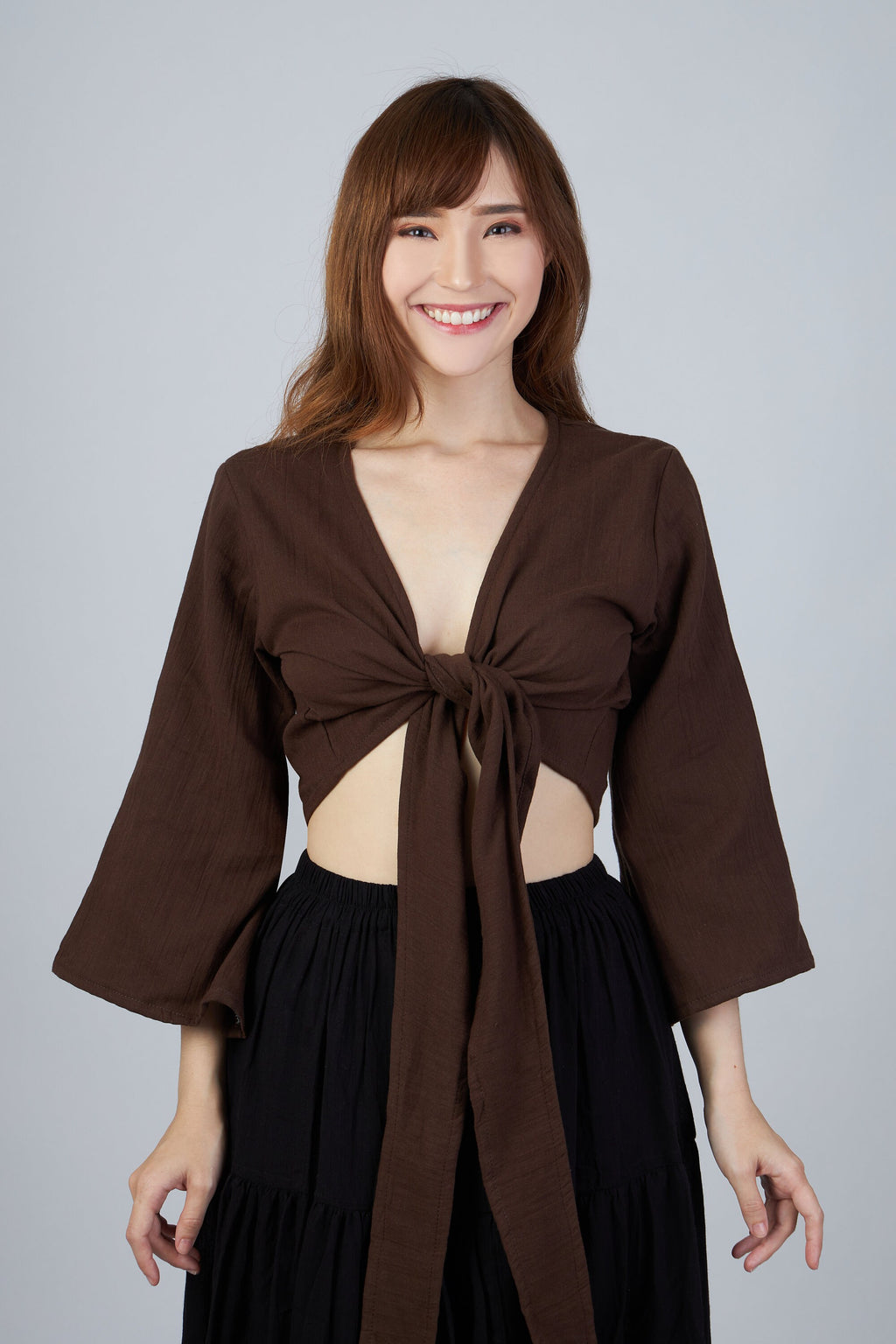 Long sleeve brown boho wrap top handmade soft lightweight fabric