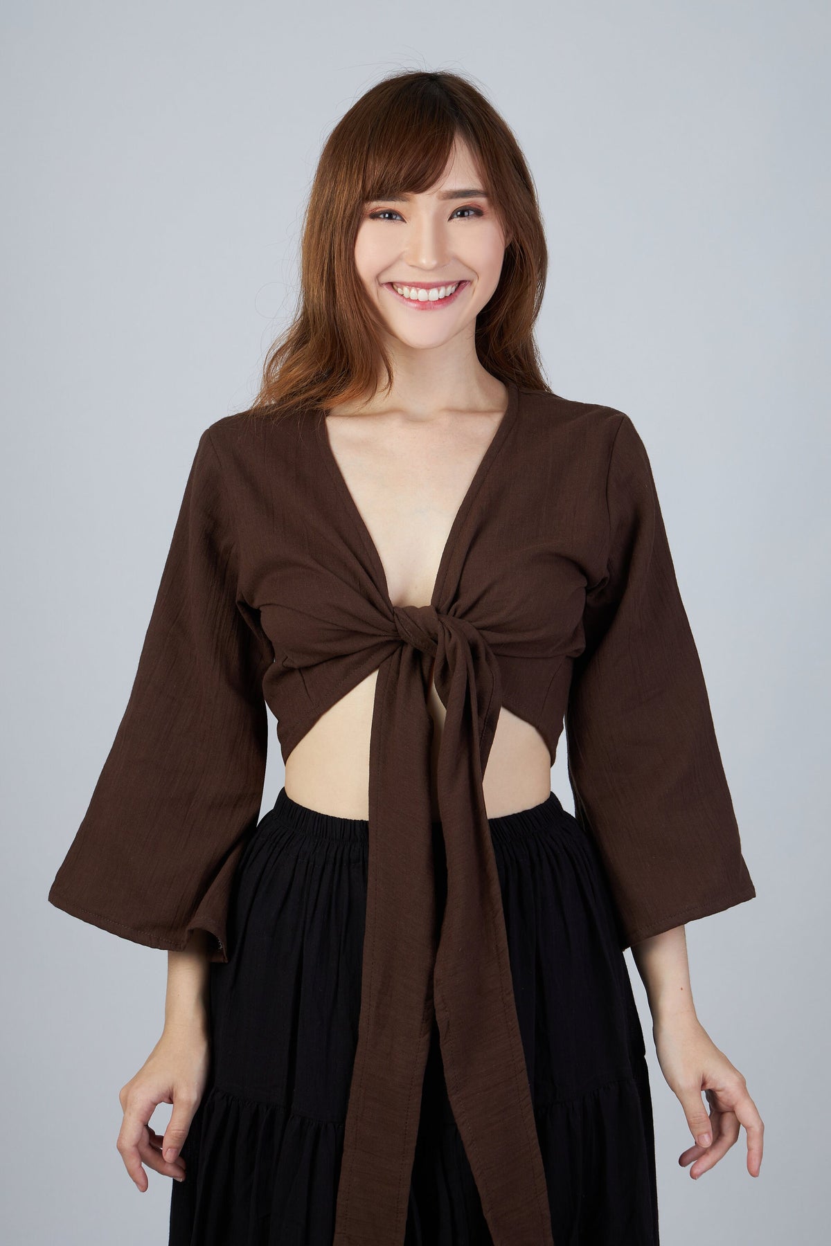 Long sleeve brown boho wrap top handmade soft lightweight fabric