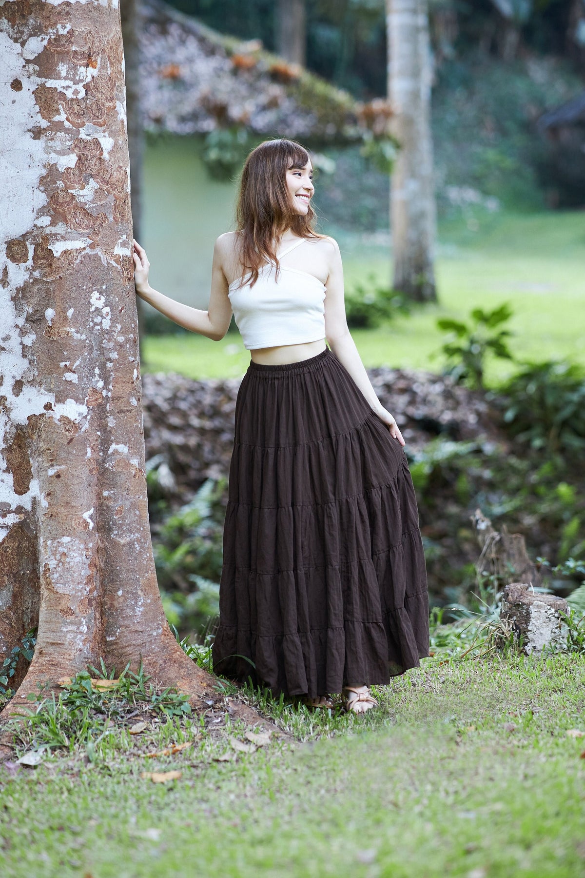 Brown maxi skirt women handmade tiered cotton boho fall fashion