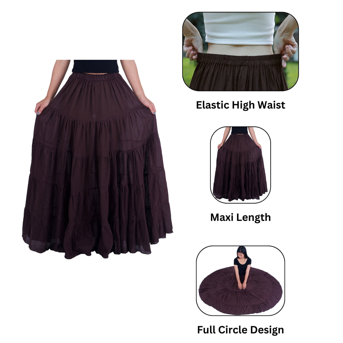 Plus size brown peasant skirt long ruffle boho fall fashion