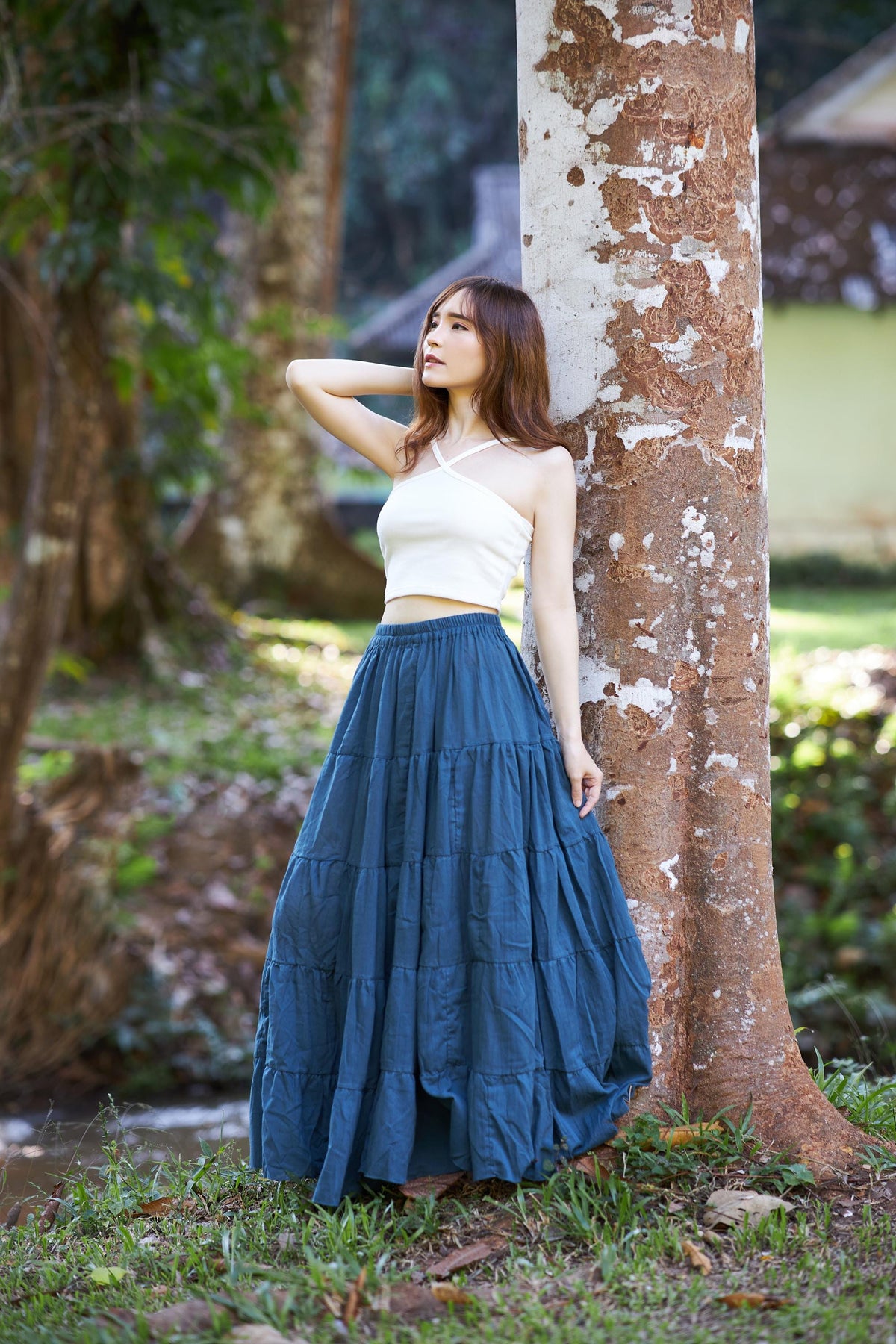 Long brown maxi skirt women fall fashion boho tiered cotton