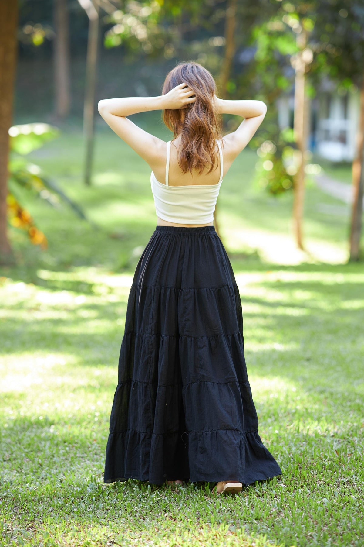 Brown peasant maxi skirt women boho tiered cotton fall