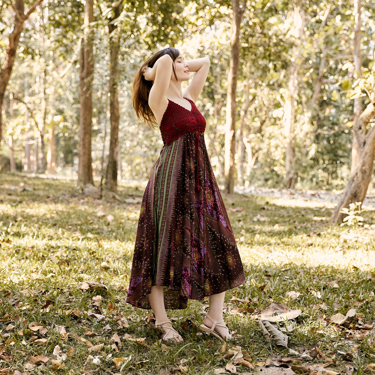 Burgundy crochet top rayon sundress boho hippie summer dress front view