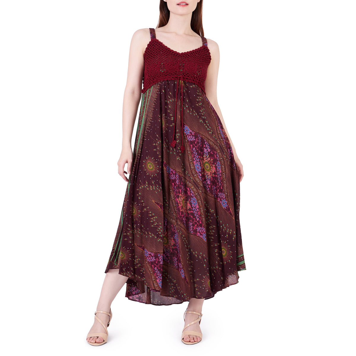 Handmade burgundy crochet top dress with smocked chest and adjustable straps