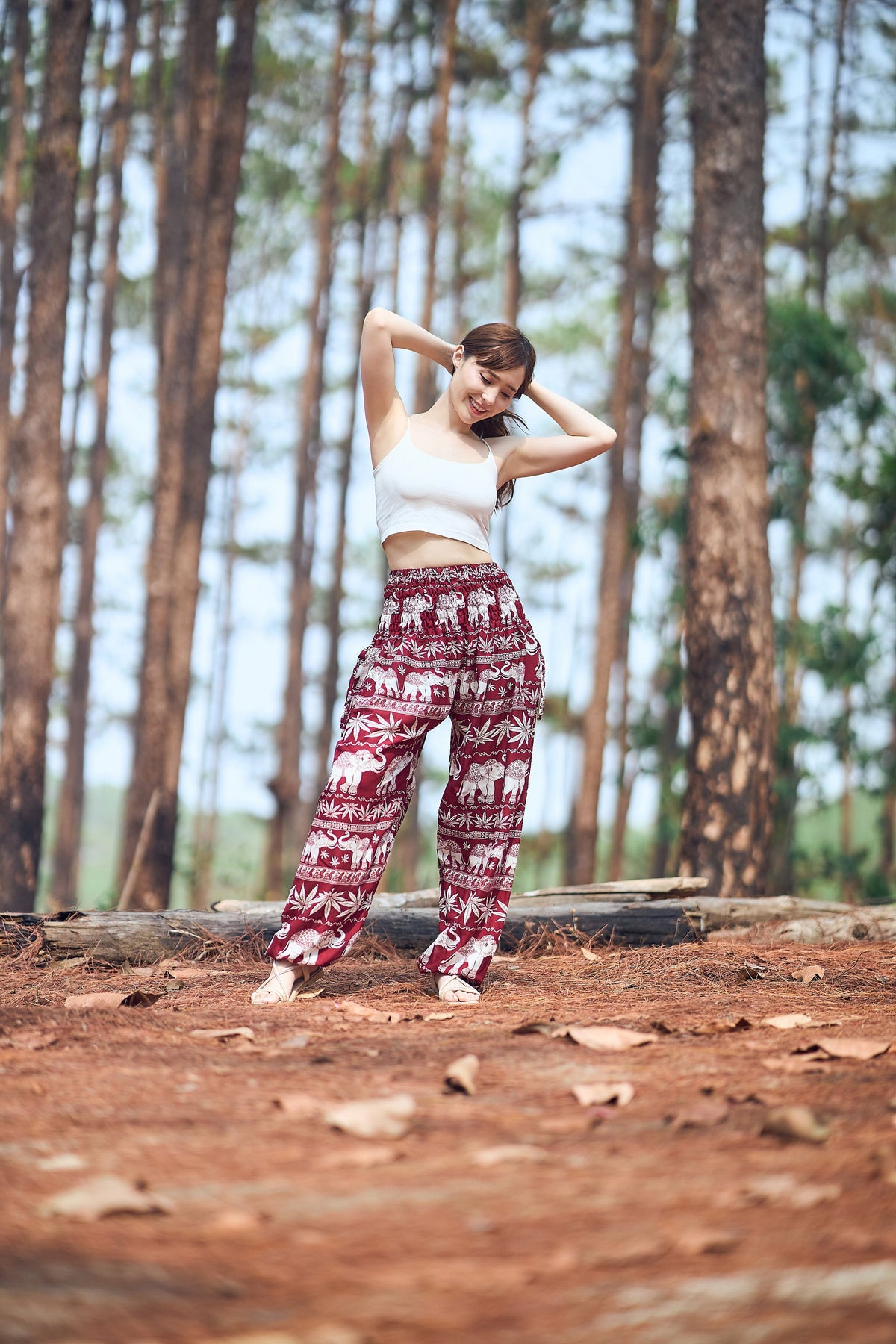 Burgundy elephant harem pants with boho print and relaxed fit