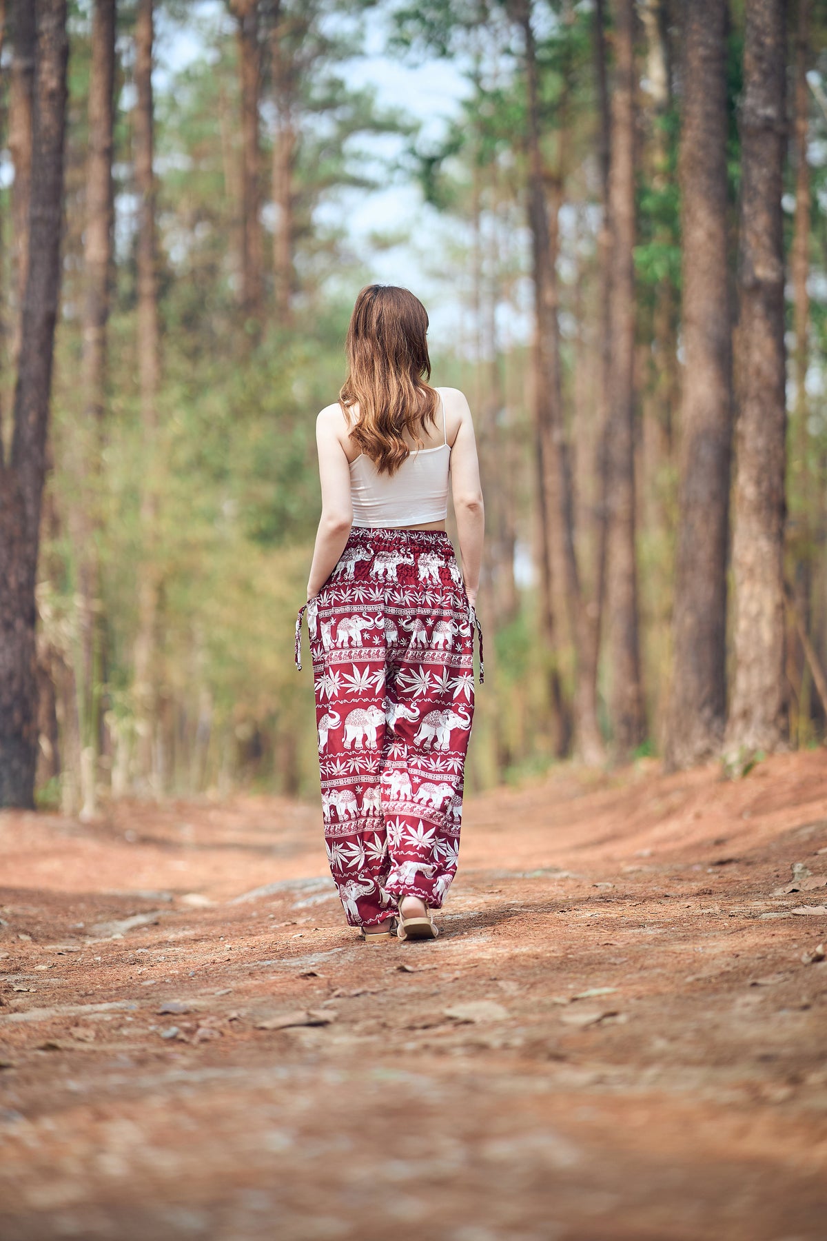Handmade rayon yoga trousers in burgundy elephant design