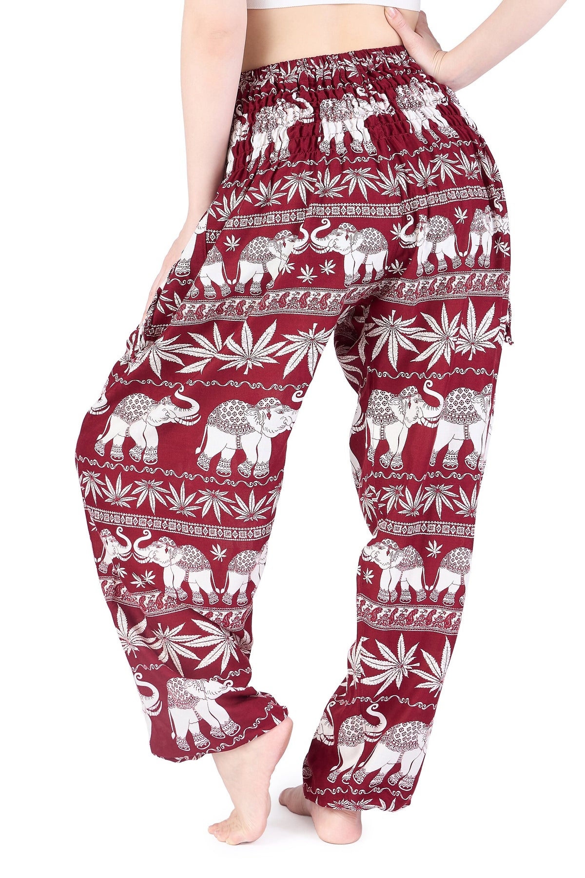 Lightweight burgundy elephant print pants for yoga