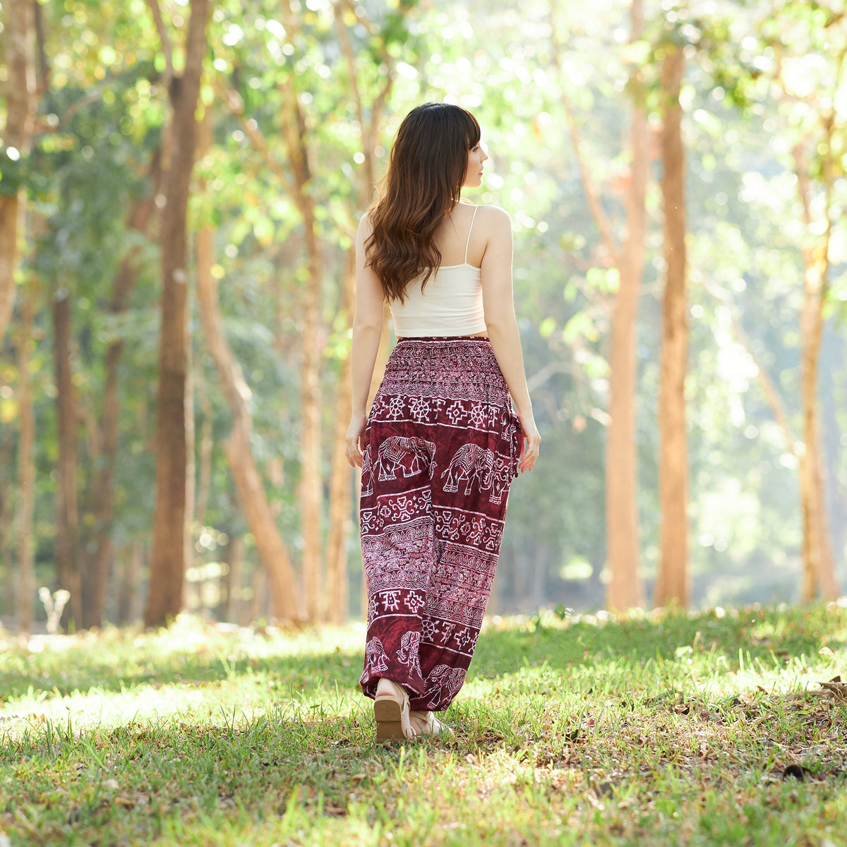 Handmade burgundy elephant pants for yoga and relaxation