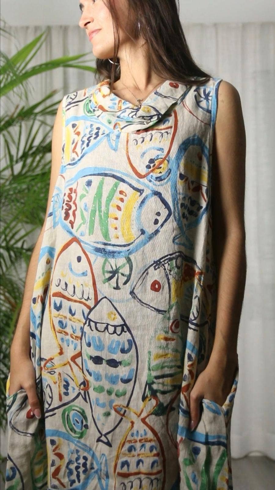 72078 Printed Fish Dress 100% Linen