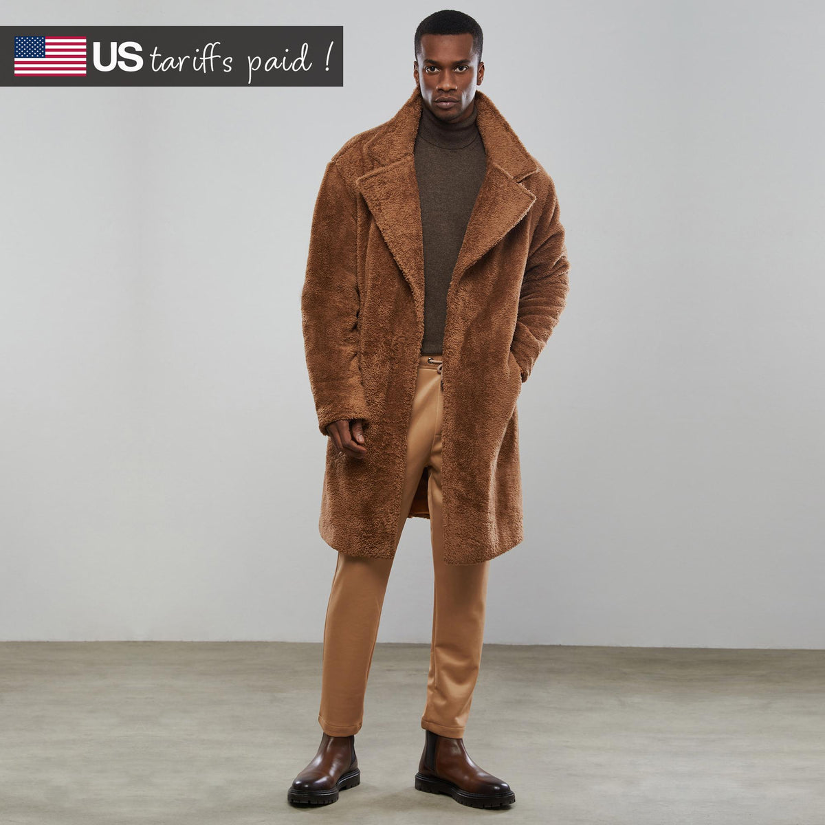 Camel teddy coat for men with faux shearling texture and notched lapel collar