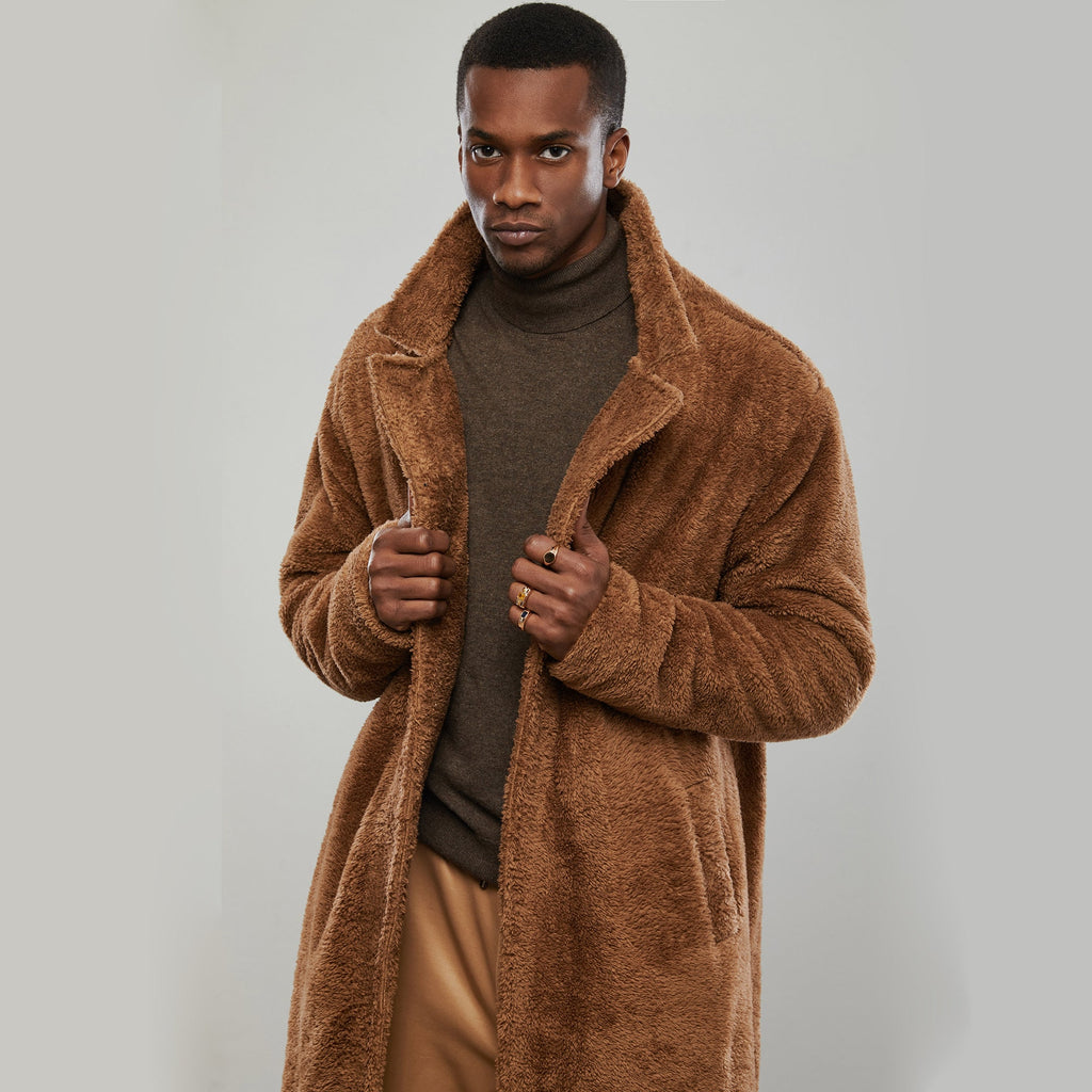 Faux shearling teddy coat with silk satin lining and welt hip pockets
