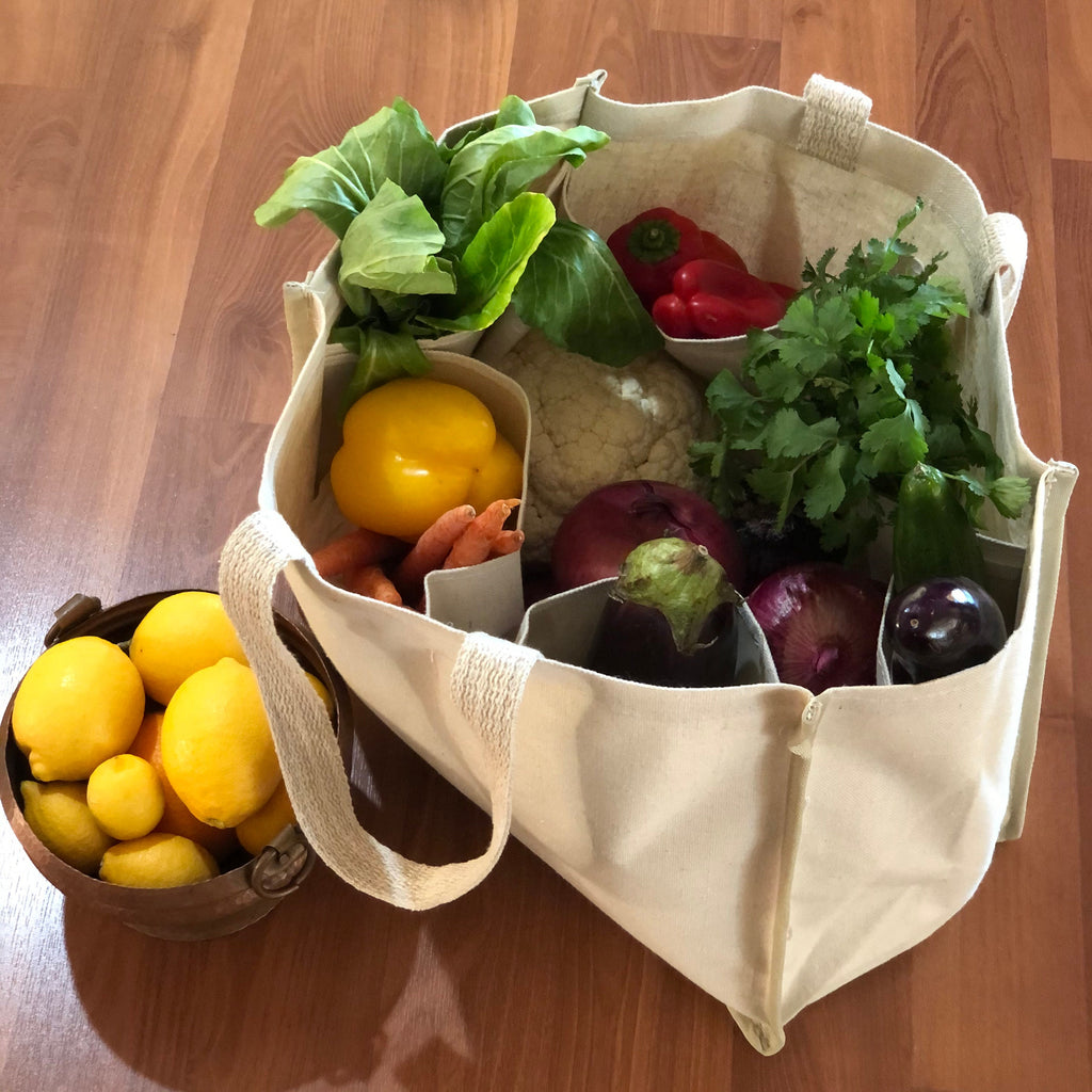 Reversible canvas farmers market tote with waterproof lining and 7 compartments