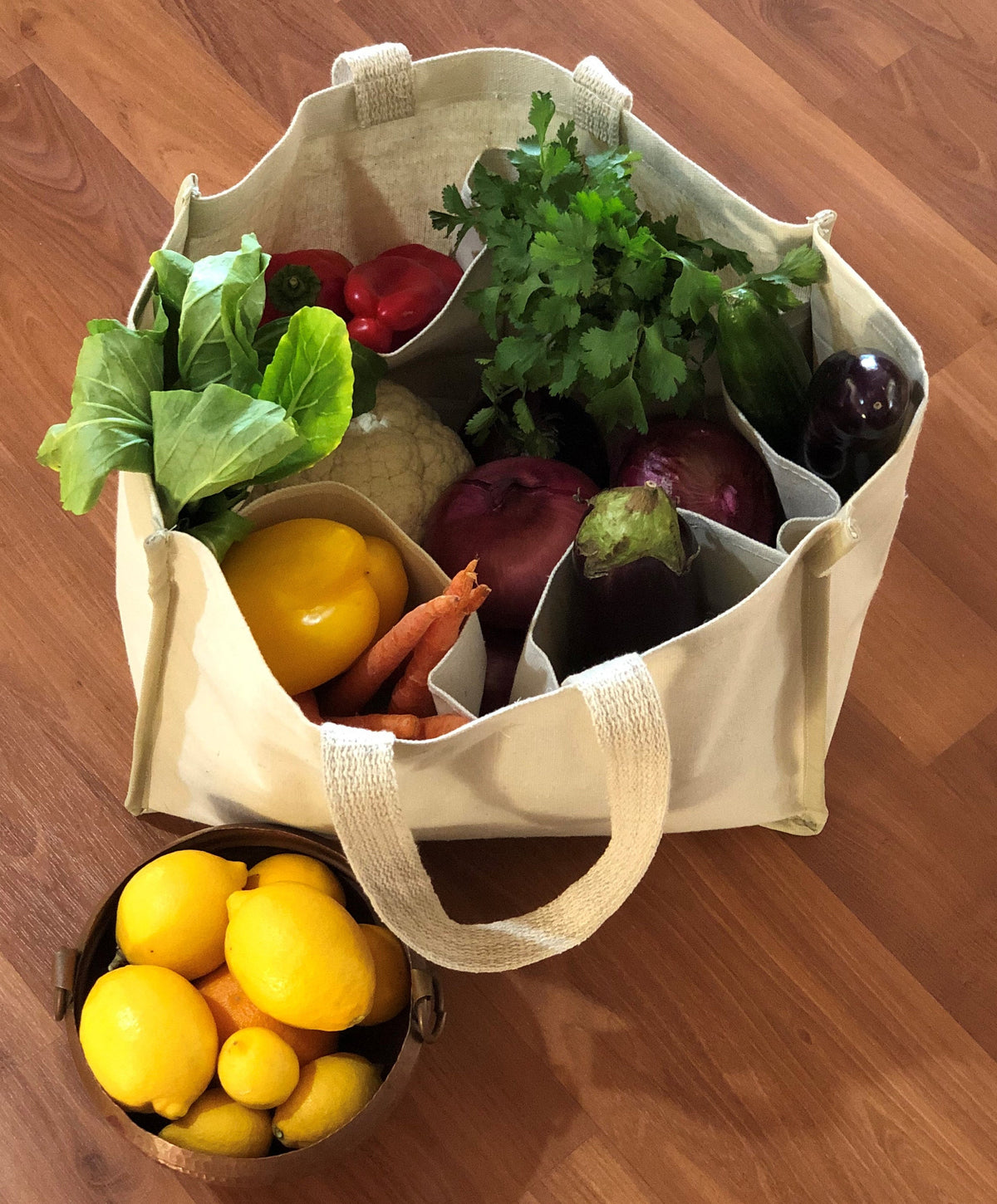 Waterproof lined canvas tote for produce, groceries, and wine shopping