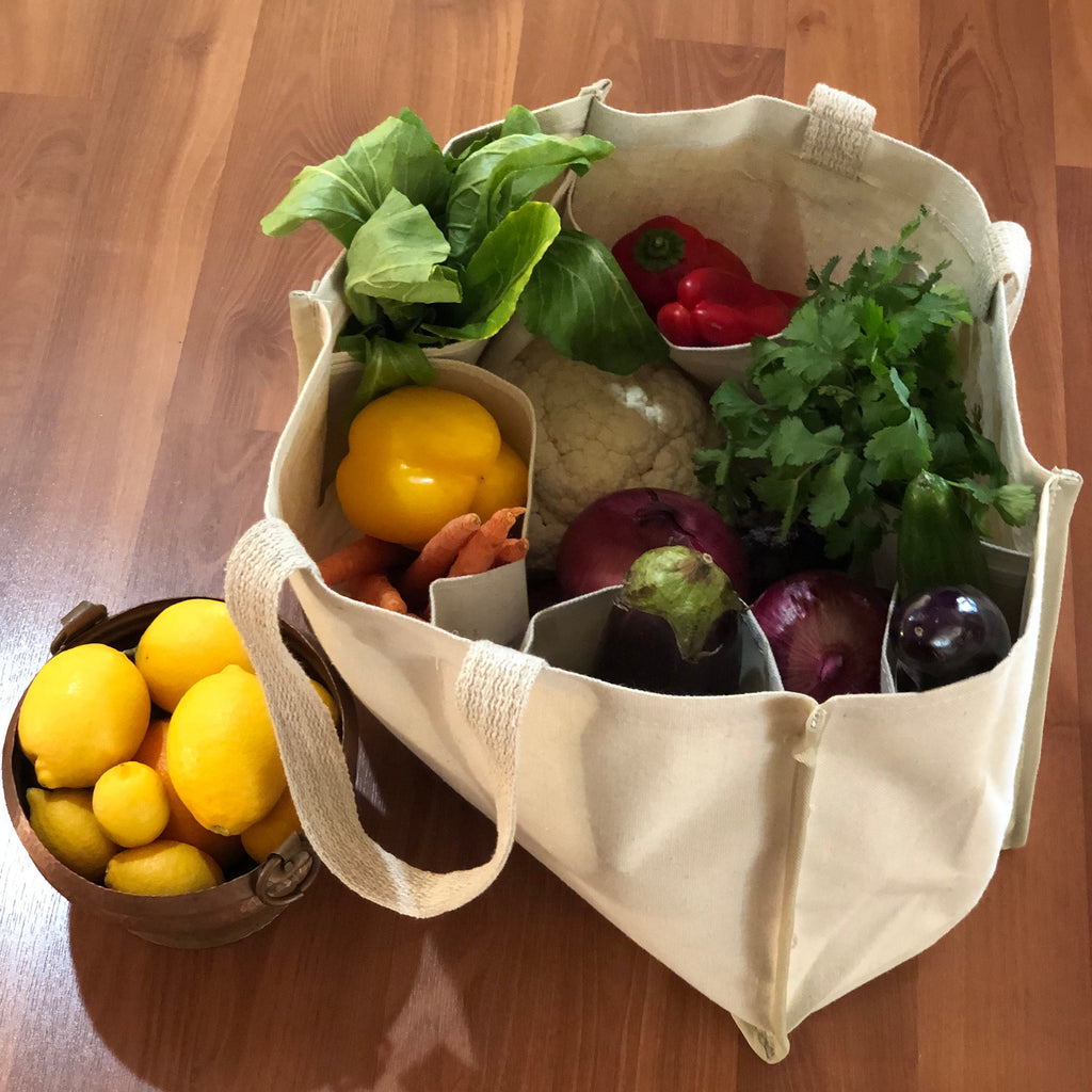 Reversible cotton tote for farmers market, gym, beach, and gardening