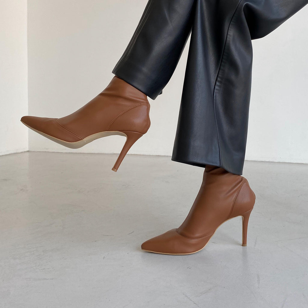 Caramel pointed toe stiletto ankle boots in vegan stretch leather