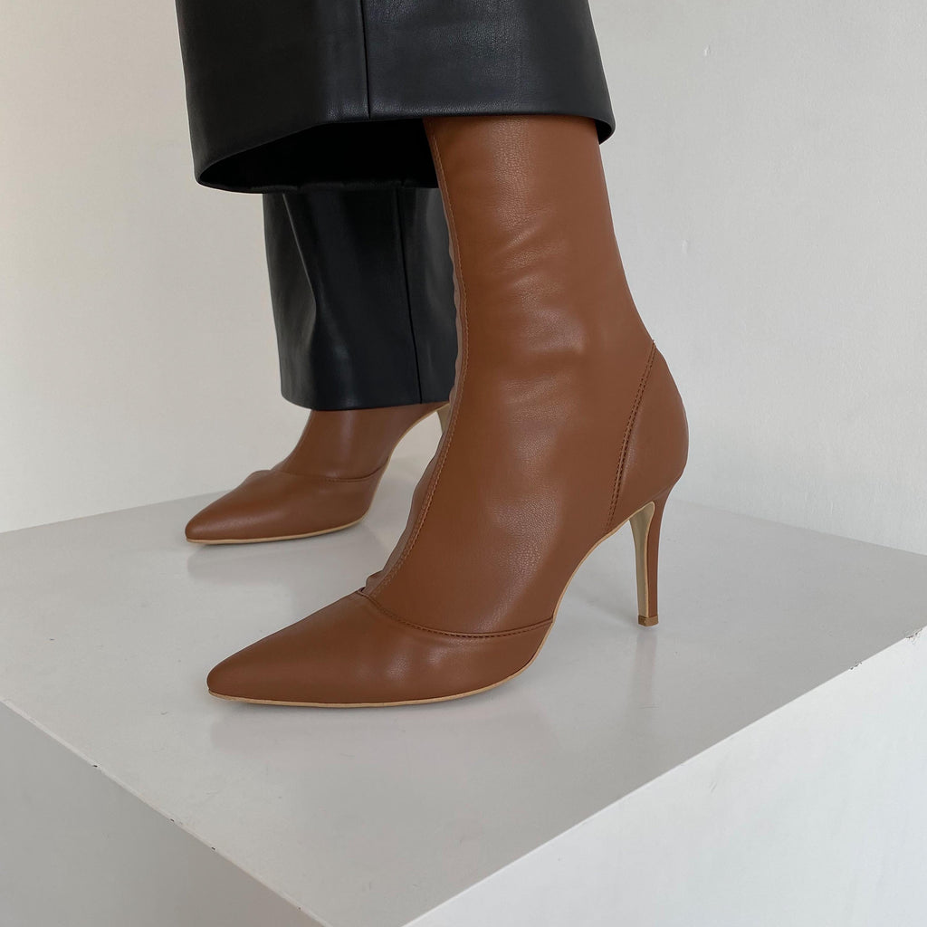 Women's handmade caramel stiletto boots side view