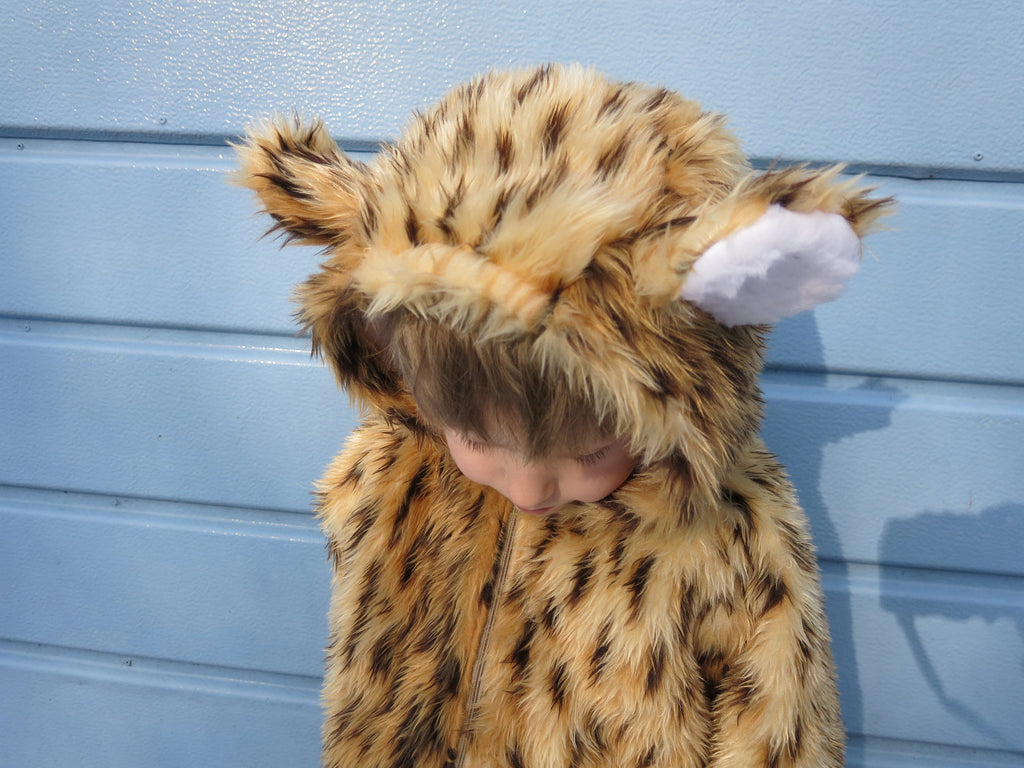 Kids animal onesie costume in cheetah print with easy front zip