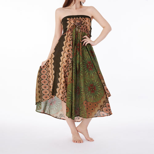 Convertible boho dress and bohemian maxi skirt in green mandala print for women