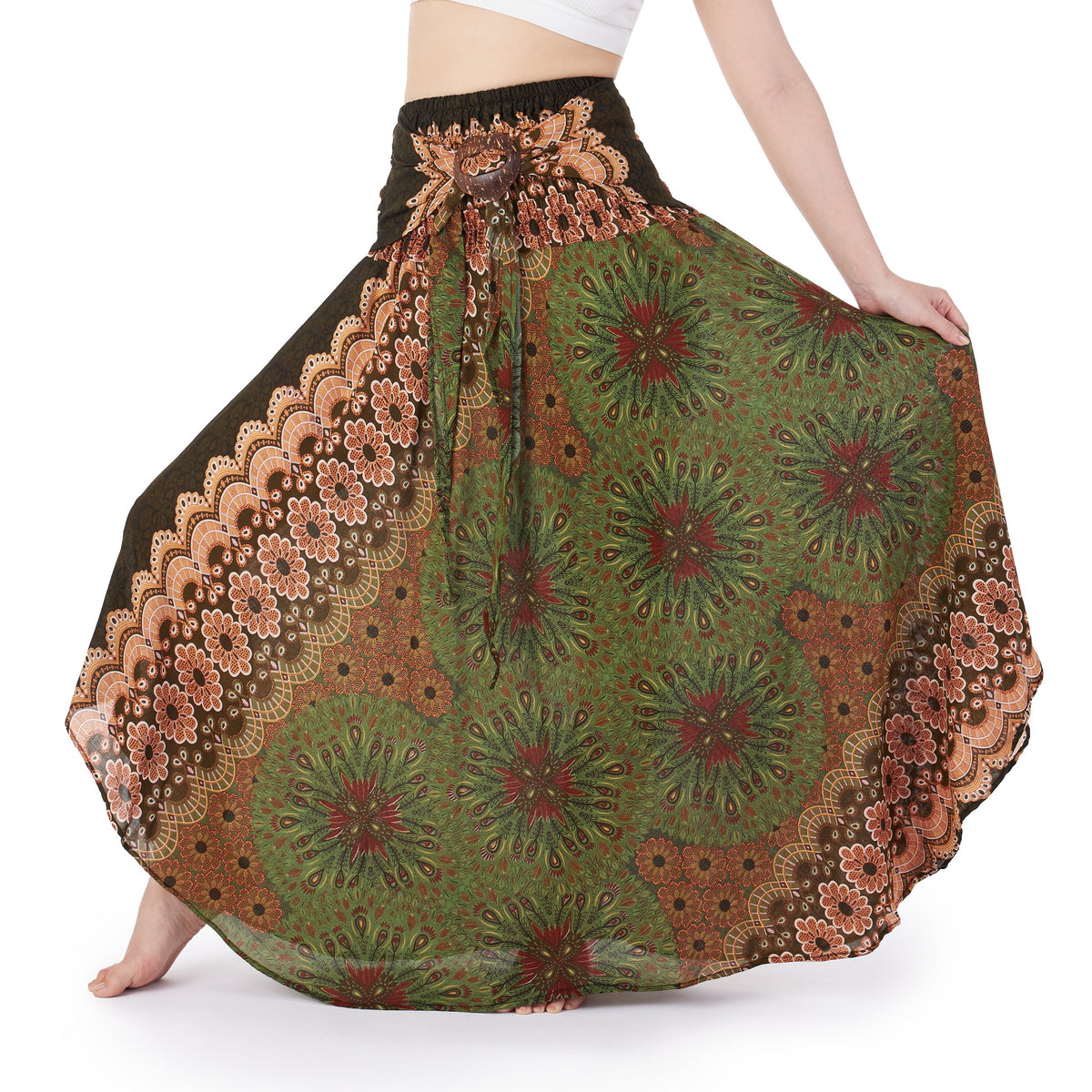 2 in 1 hippie skirt worn as high waisted boho skirt with asymmetric hem