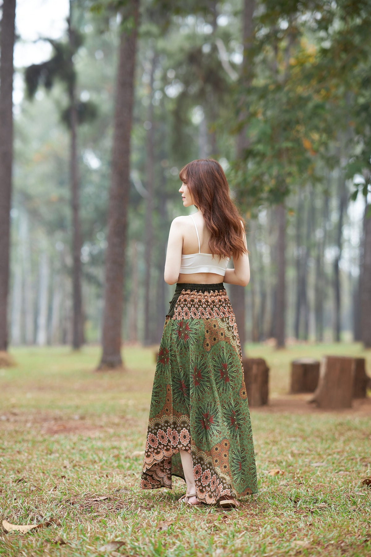 Handmade soft rayon bohemian skirt with elastic smocked waist and coconut belt tie