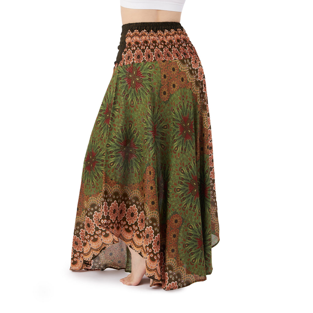 Boho maxi skirt for beach vacation and casual loungewear in printed green