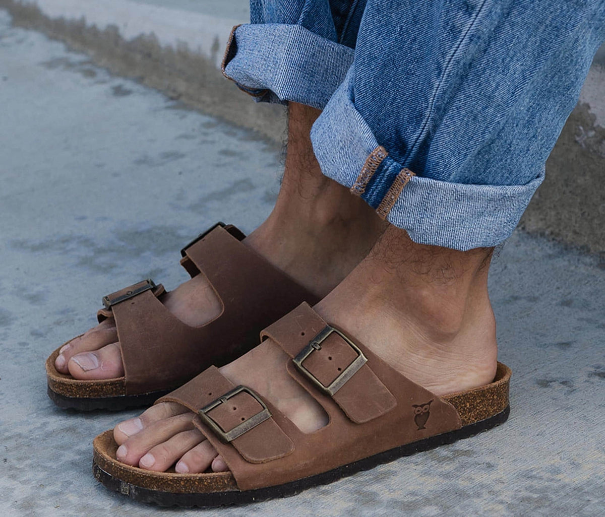 Genuine full-grain oiled nubuck leather sandals in hazel brown