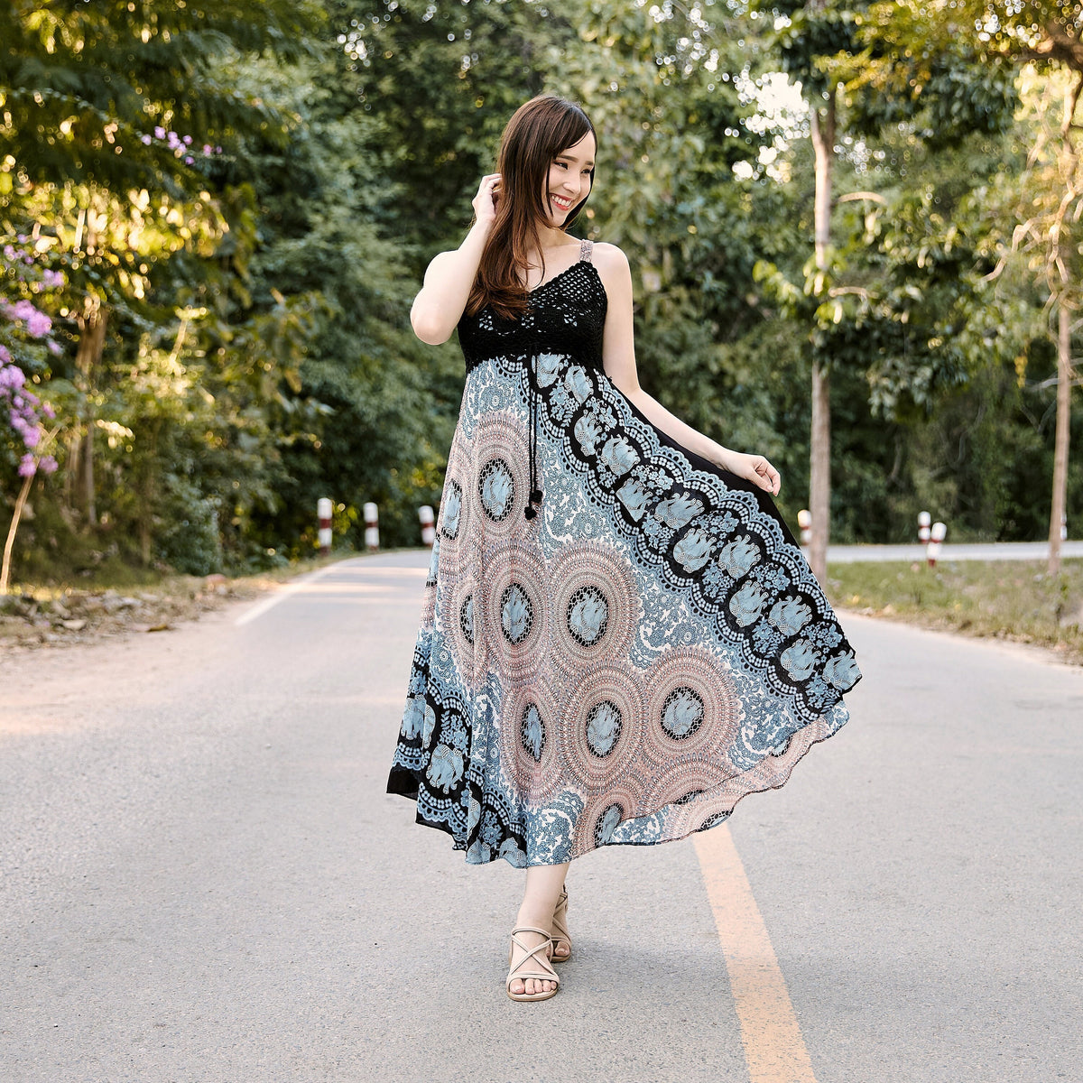 Black and white crochet top rayon sundress for women