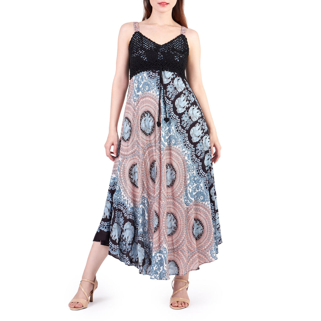 Boho summer dress with crochet top and adjustable straps