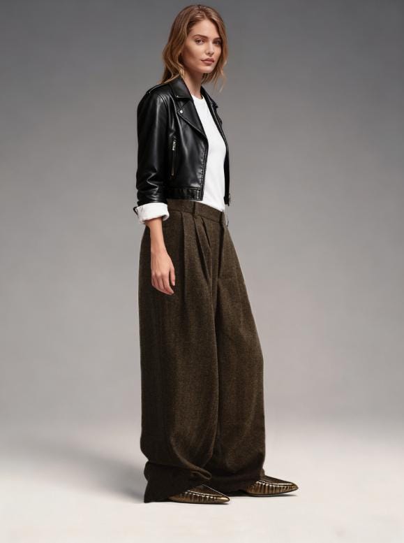 Front view of vintage high-waisted herringbone trousers with zipper closure