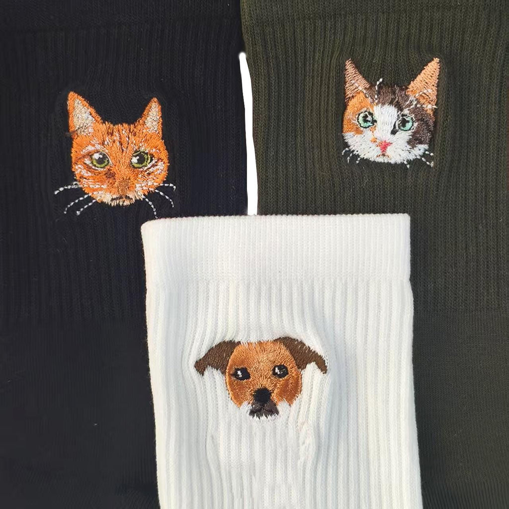 Personalized pet socks featuring embroidered cat portrait