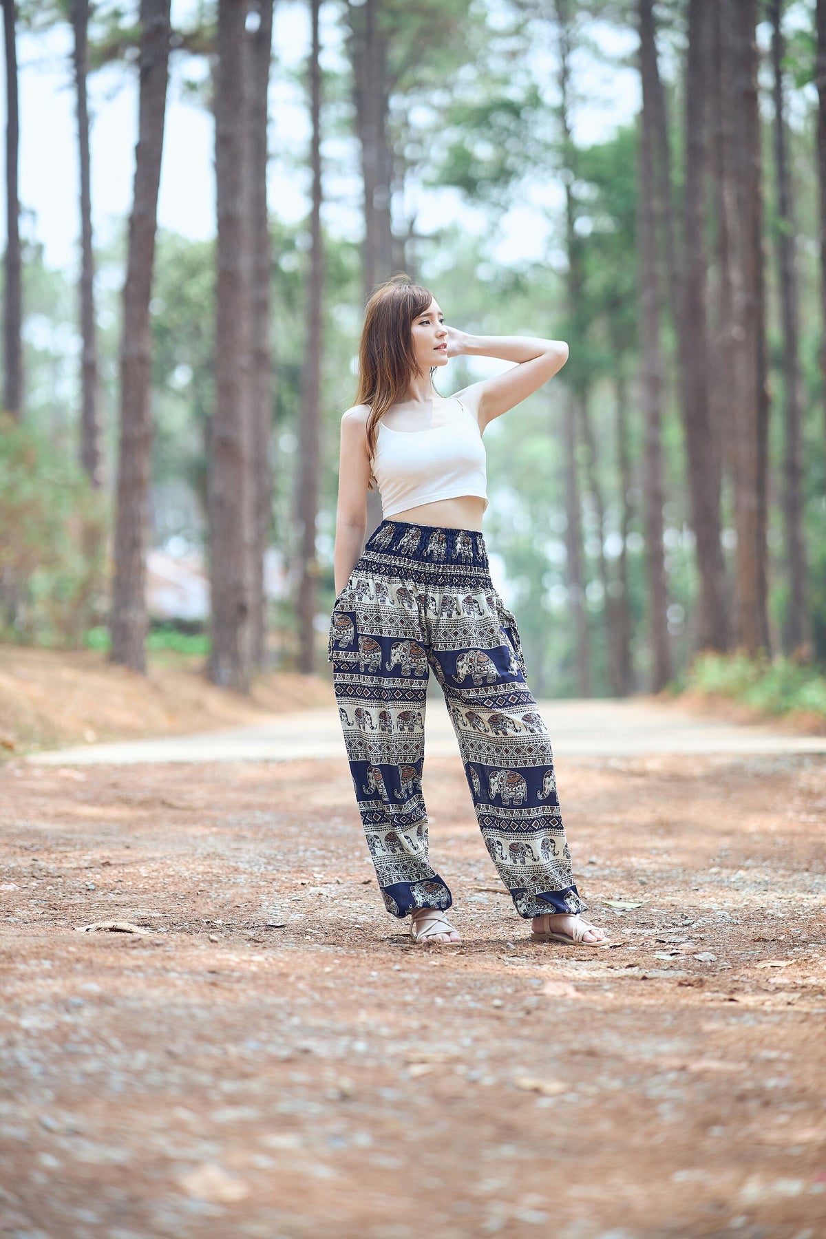 Dark blue elephant harem pants with boho print and pockets