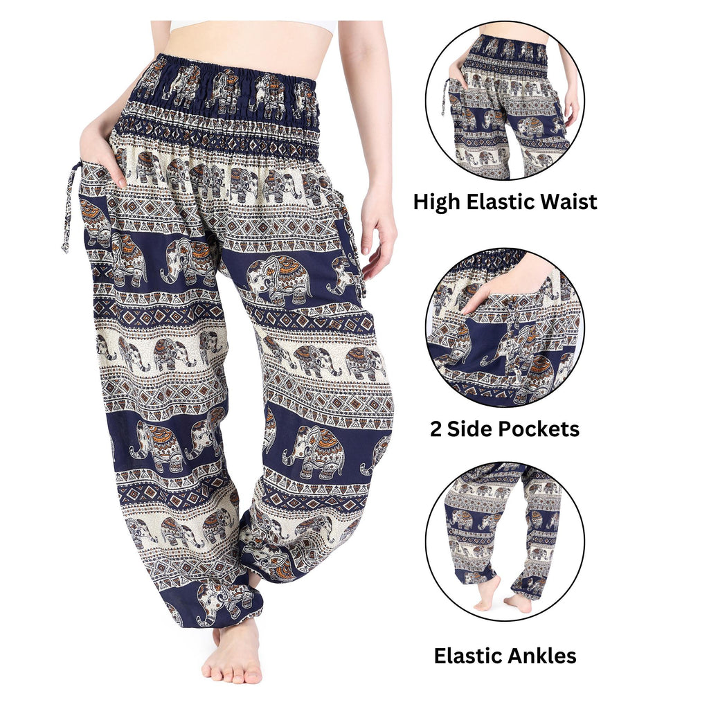 Dark blue tribal elephant harem pants for travel and relaxation