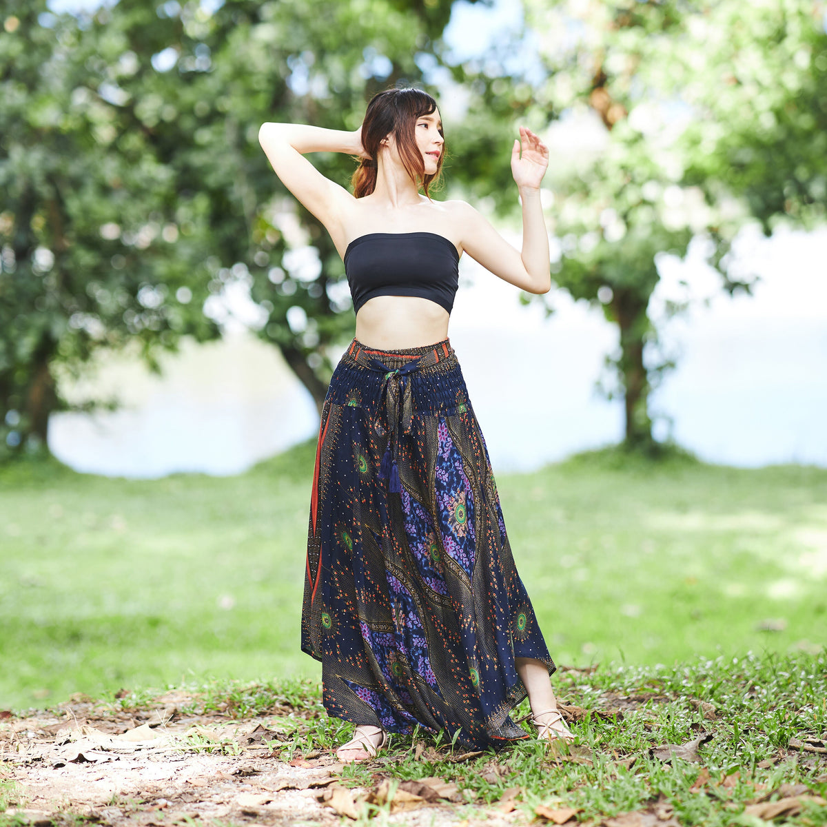 Dark blue maxi skirt with elastic waist and drawstring for women