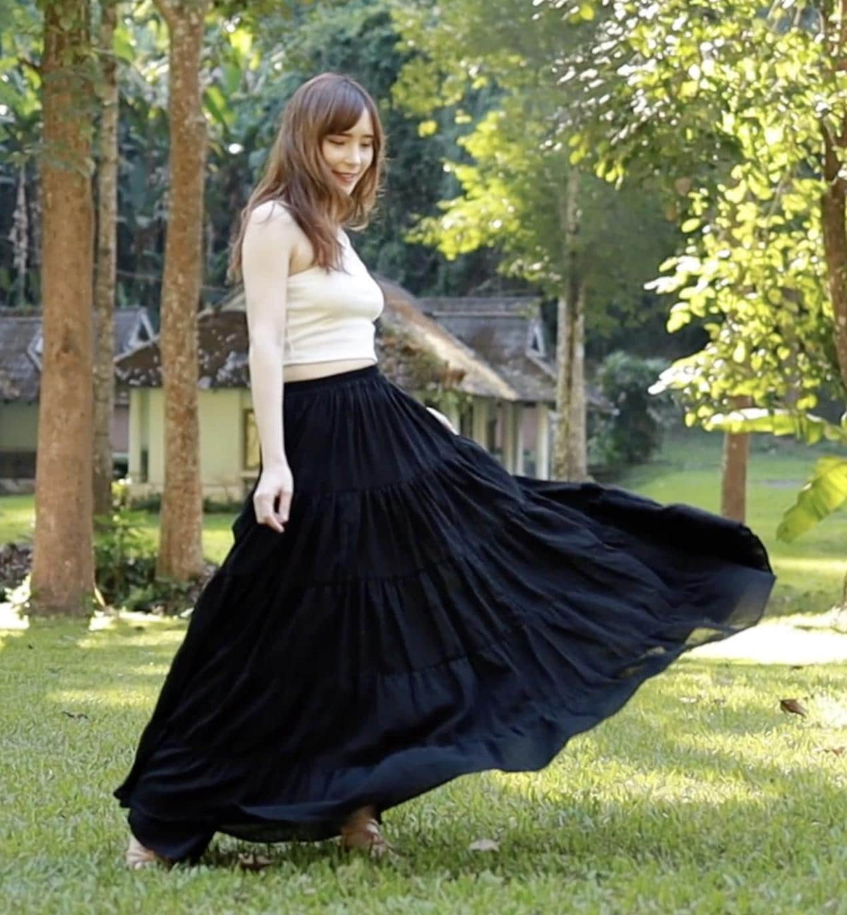 Flowy cotton maxi skirt in dark blue, plus size peasant design