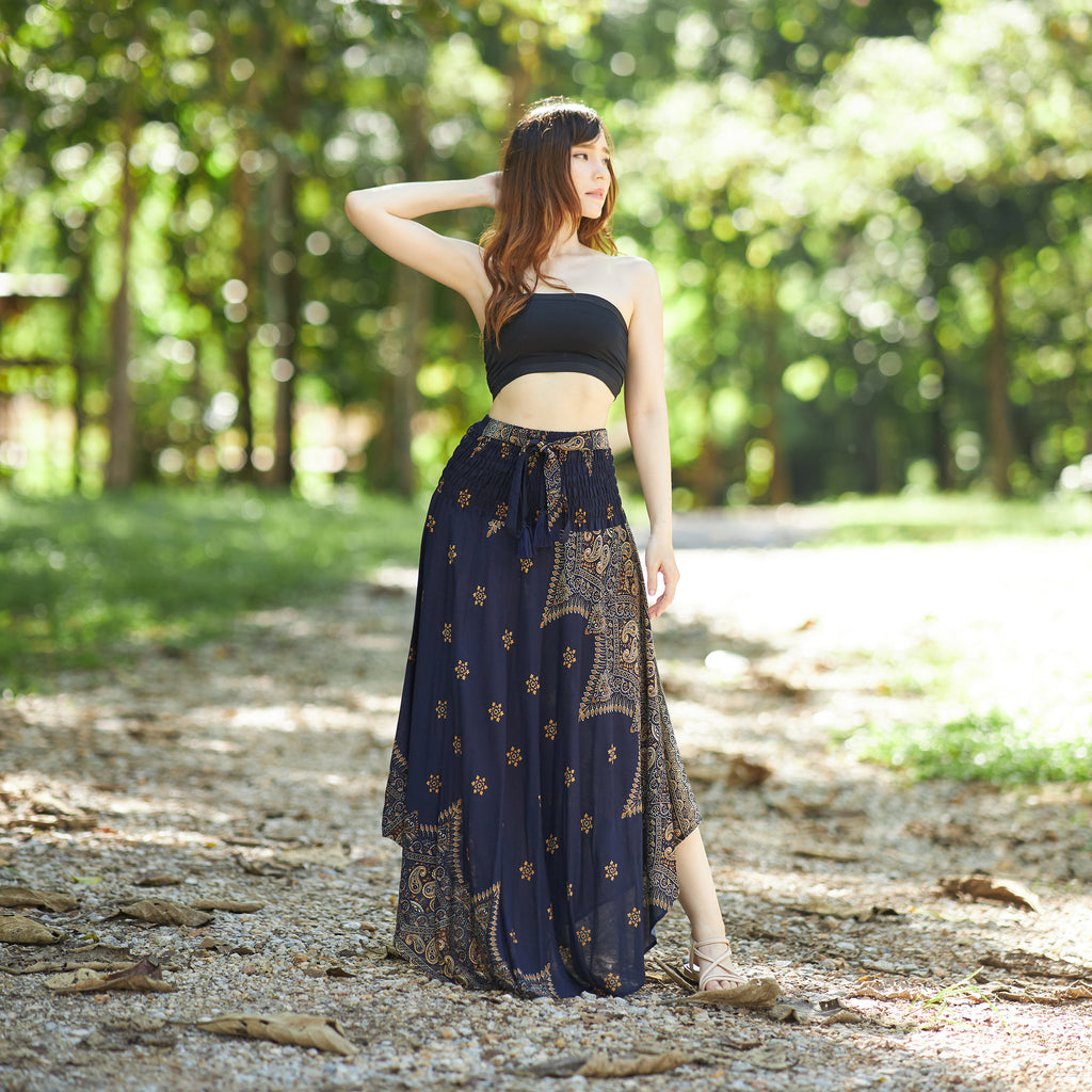 Dark blue rayon maxi skirt for women bohemian hippie style