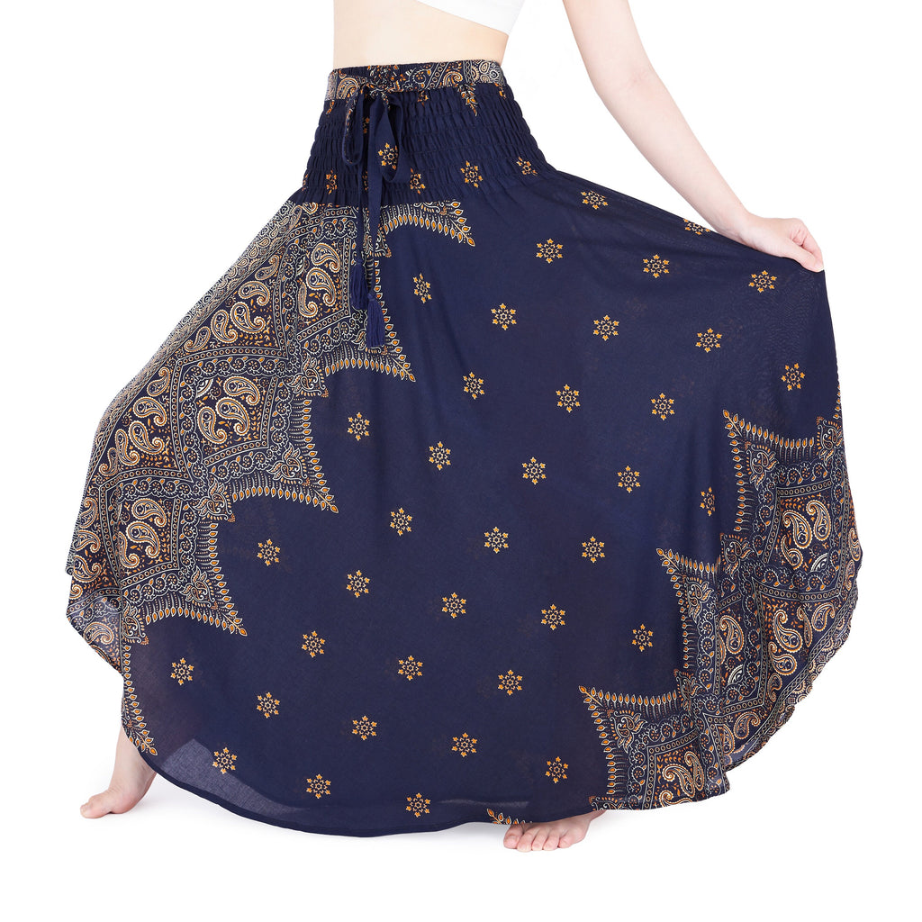 Handmade dark blue boho maxi skirt with elastic waist and drawstring