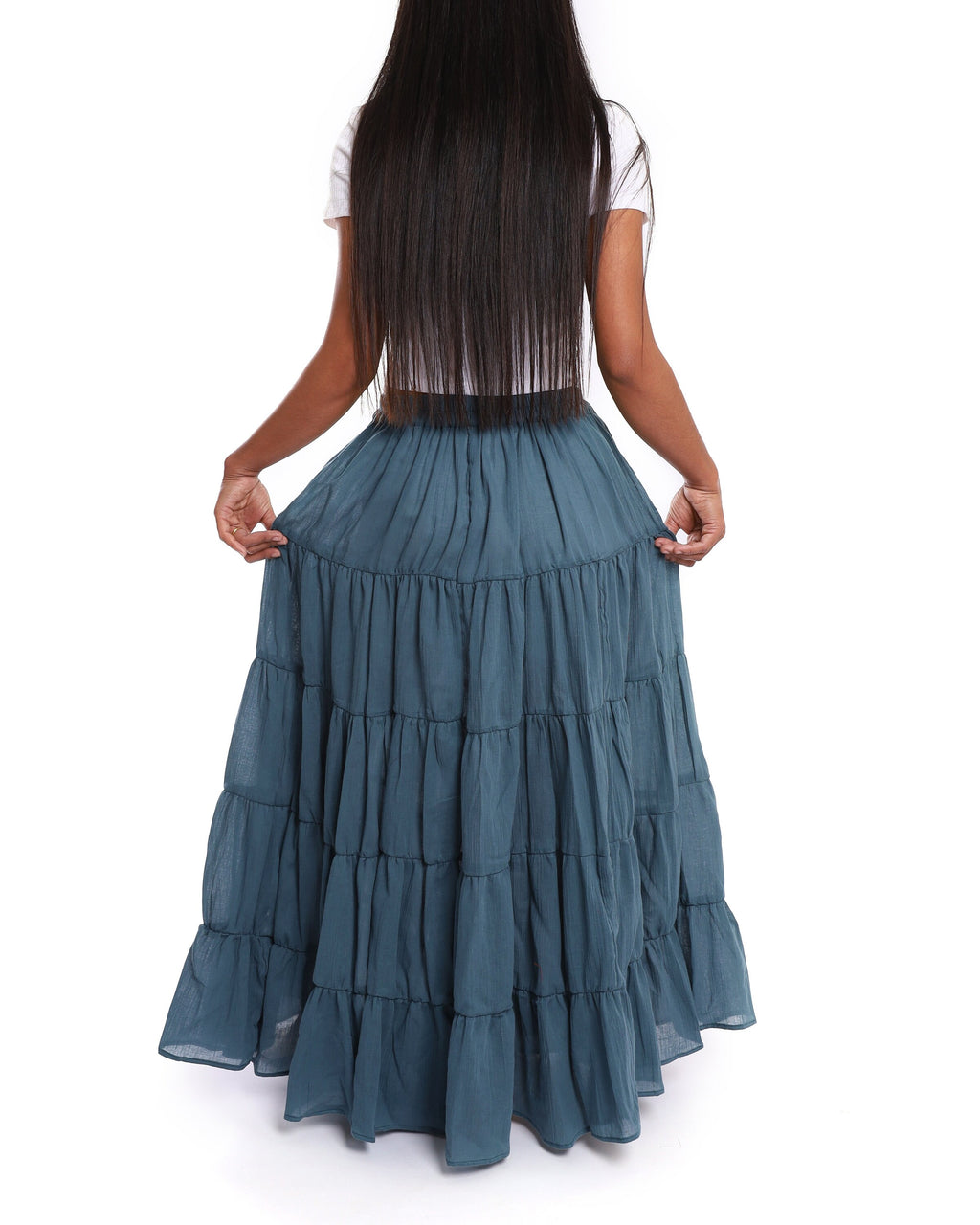 Long flowy peasant skirt for women dark gray with comfortable elastic waist