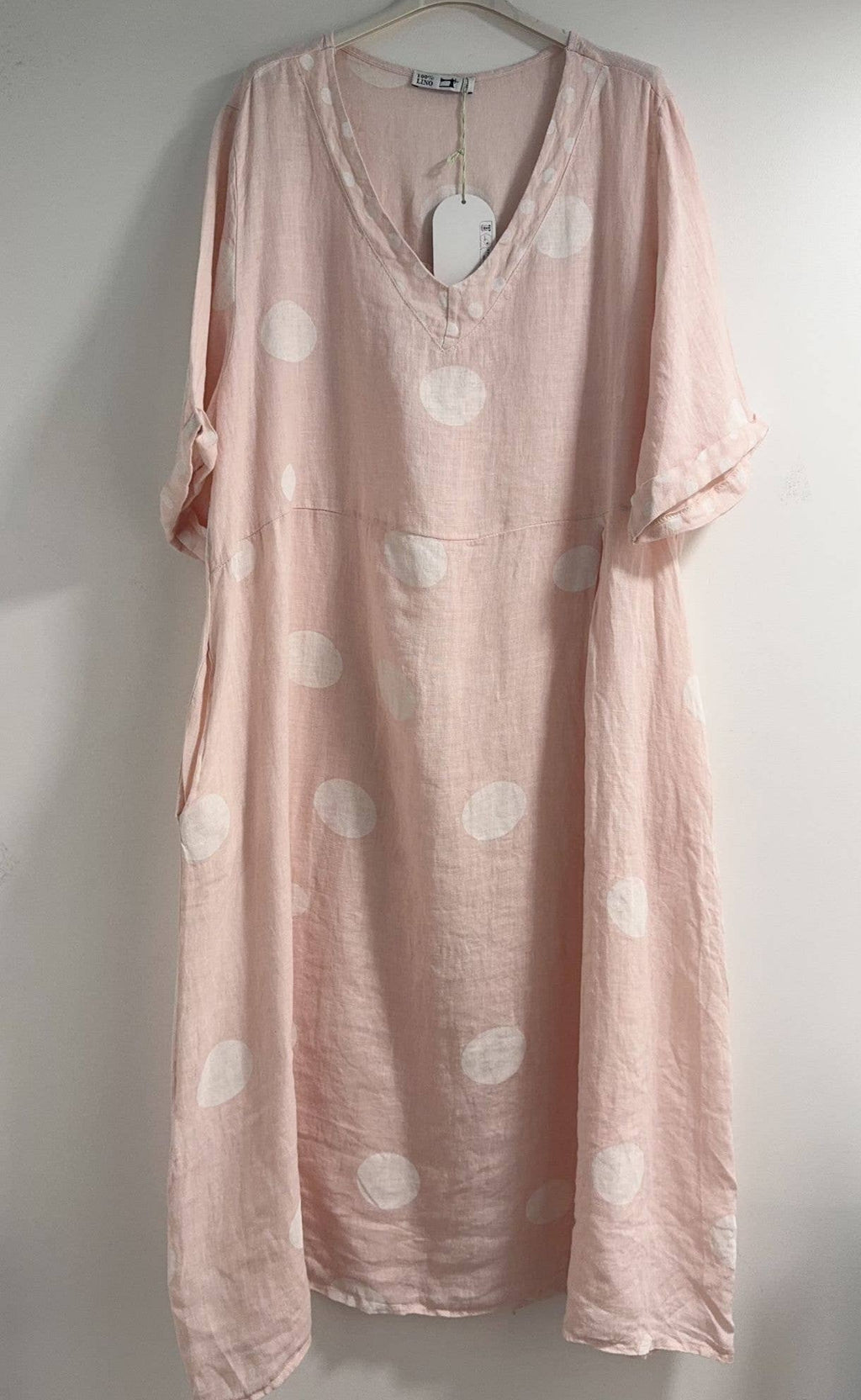 72271 Long Polka Dot Dress Linen with V-neck and Short Sleeves